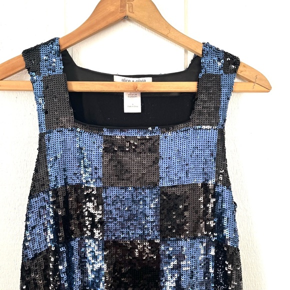 Alice + Olivia Black and Blue Sequin Mini Dress Small Check Checkerboard Pattern - Picture 5 of 12